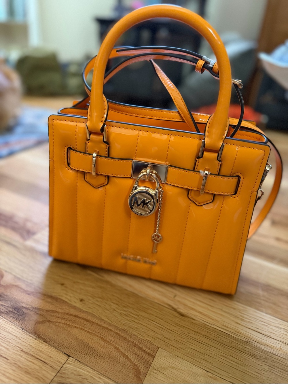 Michael Kors Orange Patent Satchel Tote with Shoulder Strap, Gold Lock $558